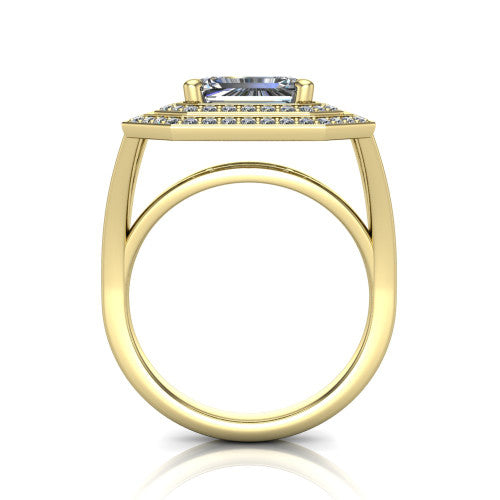 Carolina emerald double halo engagement ring in 18K Yellow Gold, through-finger front profile showing the double squared halo head raised above the open split band