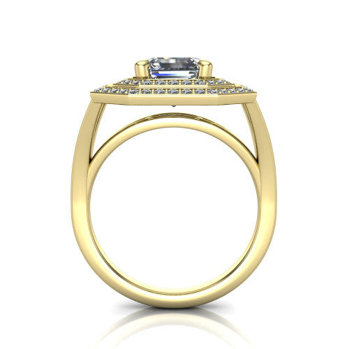 Carolina square emerald double halo engagement ring in 18K Yellow Gold, through-finger front profile showing the double squared halo head raised above the open split band