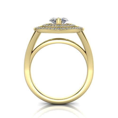 Carolina marquise double halo engagement ring in 14K Yellow Gold, through-finger front profile showing the double squared halo head raised above the open split band