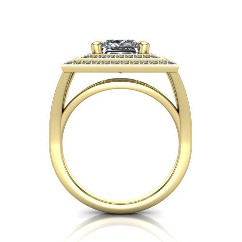 Carolina princess double halo engagement ring in 14K Yellow Gold, through-finger front profile showing the double squared halo head raised above the open split band