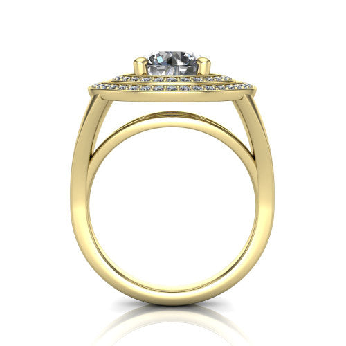 Carolina round double halo engagement ring in 18K Yellow Gold, through-finger front profile showing the double squared halo head raised above the open split band