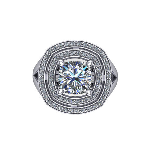 Carolina cushion double halo engagement ring in Platinum, top-down view showing the inner and outer squared pav&eacute; halo framing the cushion center from above