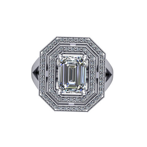 Carolina emerald double halo engagement ring in 14K White Gold, top-down view showing the inner and outer squared pav&eacute; halo framing the emerald center from above