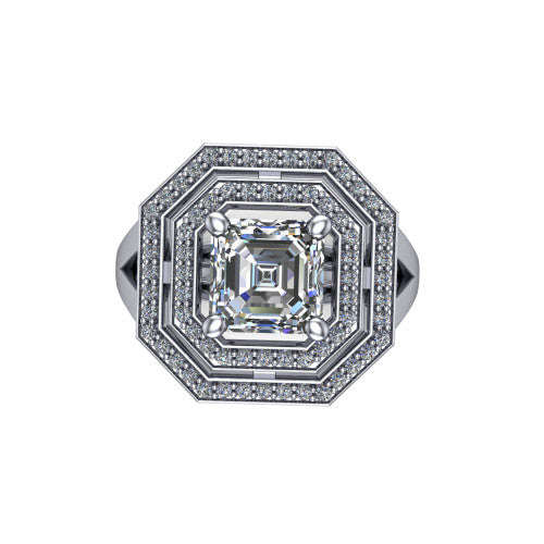 Carolina square emerald double halo engagement ring in 18K White Gold, top-down view showing the inner and outer squared pav&eacute; halo framing the square emerald center from above