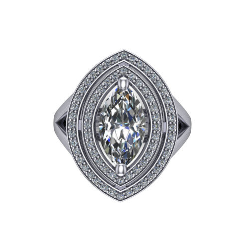 Carolina marquise double halo engagement ring in 14K White Gold, top-down view showing the inner and outer squared pav&eacute; halo framing the marquise center from above
