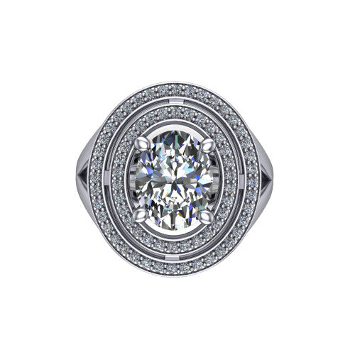 Carolina oval double halo engagement ring in 14K White Gold, top-down view showing the inner and outer squared pav&eacute; halo framing the oval center from above
