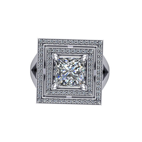Carolina princess double halo engagement ring in Platinum, top-down view showing the inner and outer squared pav&eacute; halo framing the princess center from above