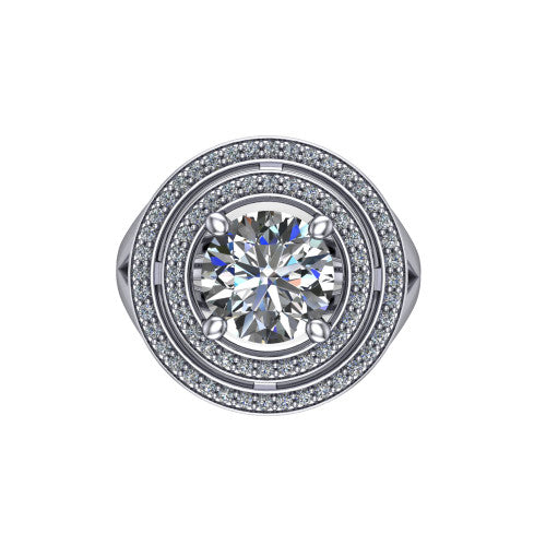 Carolina round double halo engagement ring in Platinum, top-down view showing the inner and outer squared pav&eacute; halo framing the round center from above
