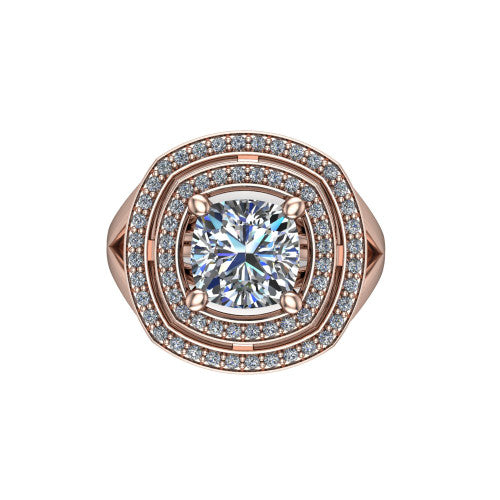 Carolina cushion double halo engagement ring in 14K Rose Gold, top-down view showing the inner and outer squared pav&eacute; halo framing the cushion center from above