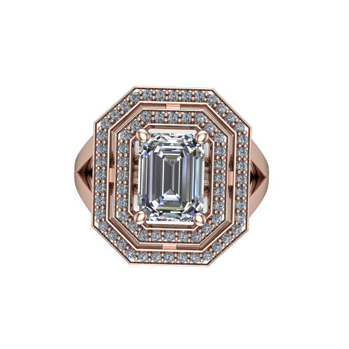Carolina emerald double halo engagement ring in 18K Rose Gold, top-down view showing the inner and outer squared pav&eacute; halo framing the emerald center from above