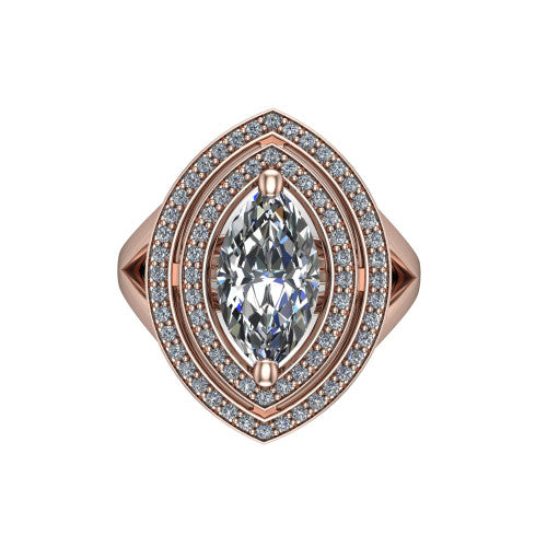 Carolina marquise double halo engagement ring in 14K Rose Gold, top-down view showing the inner and outer squared pav&eacute; halo framing the marquise center from above