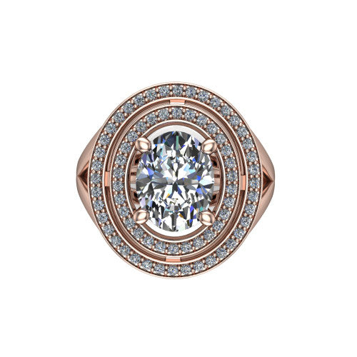 Carolina oval double halo engagement ring in 14K Rose Gold, top-down view showing the inner and outer squared pav&eacute; halo framing the oval center from above