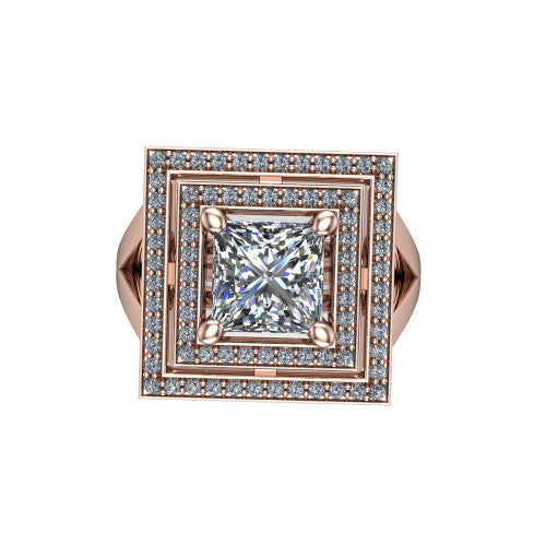 Carolina princess double halo engagement ring in 18K Rose Gold, top-down view showing the inner and outer squared pav&eacute; halo framing the princess center from above