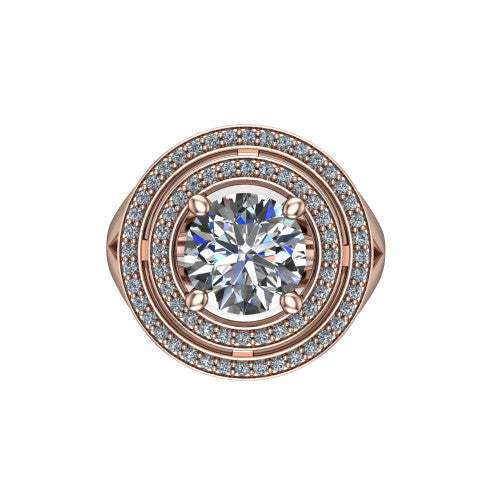 Carolina round double halo engagement ring in 18K Rose Gold, top-down view showing the inner and outer squared pav&eacute; halo framing the round center from above