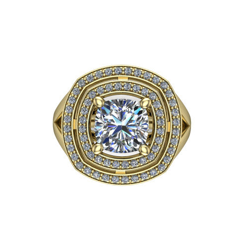 Carolina cushion double halo engagement ring in 18K Yellow Gold, top-down view showing the inner and outer squared pav&eacute; halo framing the cushion center from above