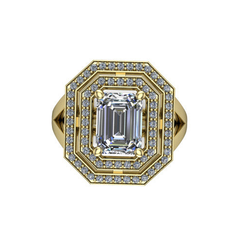 Carolina emerald double halo engagement ring in 14K Yellow Gold, top-down view showing the inner and outer squared pav&eacute; halo framing the emerald center from above