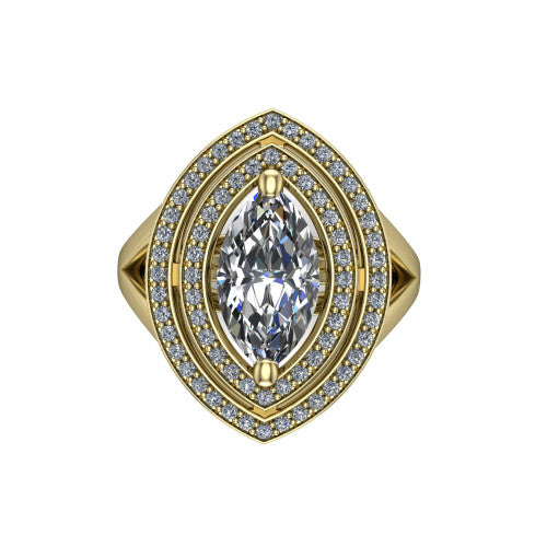 Carolina marquise double halo engagement ring in 18K Yellow Gold, top-down view showing the inner and outer squared pav&eacute; halo framing the marquise center from above