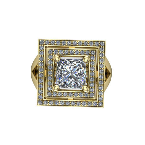 Carolina princess double halo engagement ring in 14K Yellow Gold, top-down view showing the inner and outer squared pav&eacute; halo framing the princess center from above