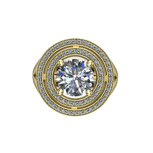 Carolina round double halo engagement ring in 18K Yellow Gold, top-down view showing the inner and outer squared pav&eacute; halo framing the round center from above