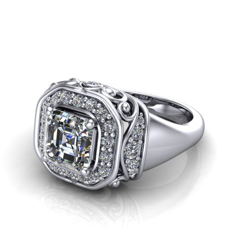 Cassidy square emerald vintage halo engagement ring in 18K White Gold, three-quarter perspective showing the square emerald center in a double pav&eacute; halo with filigree scrollwork above a plain band