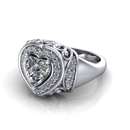 Cassidy heart vintage halo engagement ring in 18K White Gold, three-quarter perspective showing the heart center in a double pav&eacute; halo with filigree scrollwork above a plain band