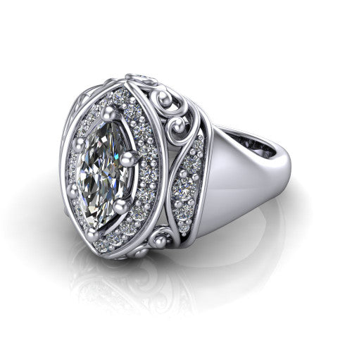 Cassidy marquise vintage halo engagement ring in 18K White Gold, three-quarter perspective showing the marquise center in a double pav&eacute; halo with filigree scrollwork above a plain band
