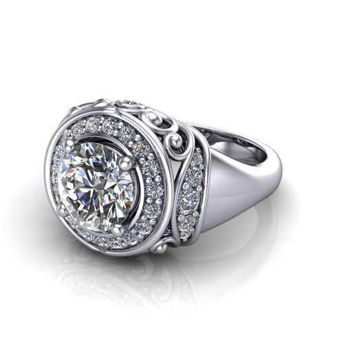 Cassidy round vintage halo engagement ring in Platinum, three-quarter perspective showing the round center in a double pav&eacute; halo with filigree scrollwork above a plain band