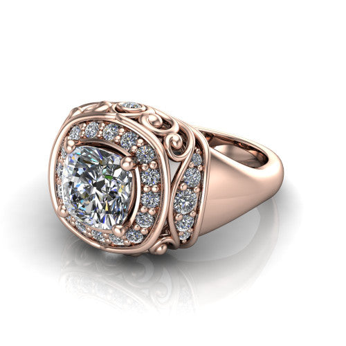 Cassidy cushion vintage halo engagement ring in 14K Rose Gold, three-quarter perspective showing the cushion center in a double pav&eacute; halo with filigree scrollwork above a plain band