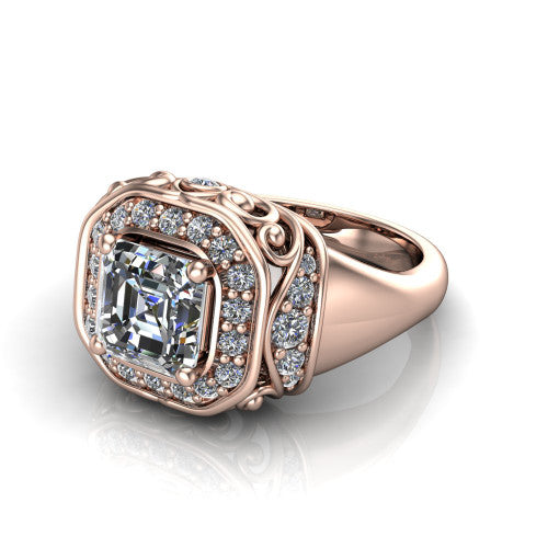 Cassidy square emerald vintage halo engagement ring in 14K Rose Gold, three-quarter perspective showing the square emerald center in a double pav&eacute; halo with filigree scrollwork above a plain band