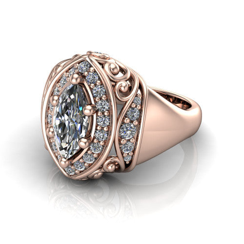Cassidy marquise vintage halo engagement ring in 14K Rose Gold, three-quarter perspective showing the marquise center in a double pav&eacute; halo with filigree scrollwork above a plain band