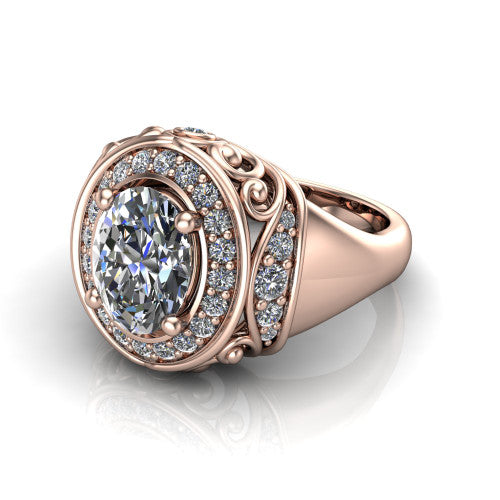 Cassidy oval vintage halo engagement ring in 14K Rose Gold, three-quarter perspective showing the oval center in a double pav&eacute; halo with filigree scrollwork above a plain band