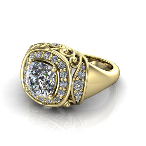 Cassidy cushion vintage halo engagement ring in 14K Yellow Gold, three-quarter perspective showing the cushion center in a double pav&eacute; halo with filigree scrollwork above a plain band