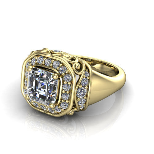 Cassidy square emerald vintage halo engagement ring in 18K Yellow Gold, three-quarter perspective showing the square emerald center in a double pav&eacute; halo with filigree scrollwork above a plain band