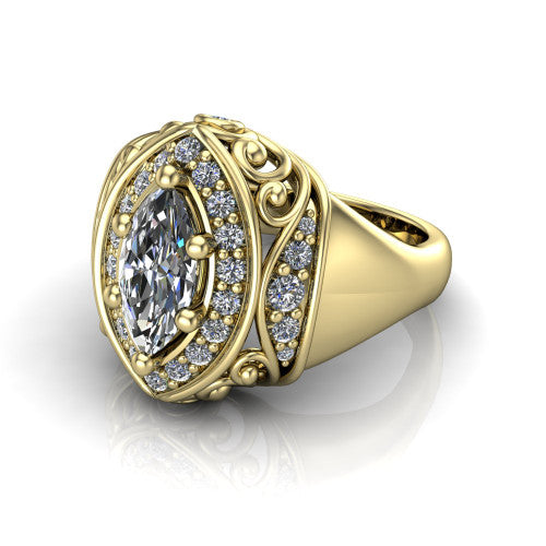 Cassidy marquise vintage halo engagement ring in 18K Yellow Gold, three-quarter perspective showing the marquise center in a double pav&eacute; halo with filigree scrollwork above a plain band