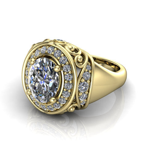 Cassidy oval vintage halo engagement ring in 18K Yellow Gold, three-quarter perspective showing the oval center in a double pav&eacute; halo with filigree scrollwork above a plain band