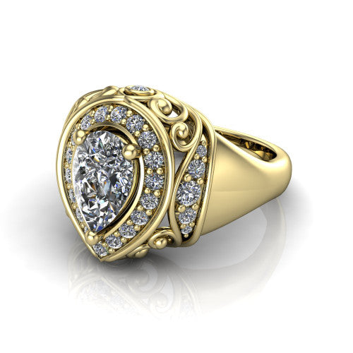 Cassidy pear vintage halo engagement ring in 14K Yellow Gold, three-quarter perspective showing the pear center in a double pav&eacute; halo with filigree scrollwork above a plain band