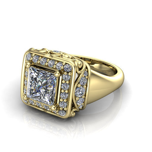 Cassidy princess vintage halo engagement ring in 14K Yellow Gold, three-quarter perspective showing the princess center in a double pav&eacute; halo with filigree scrollwork above a plain band