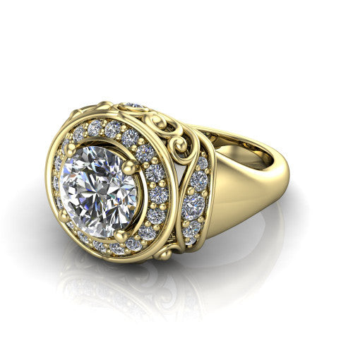 Cassidy round vintage halo engagement ring in 14K Yellow Gold, three-quarter perspective showing the round center in a double pav&eacute; halo with filigree scrollwork above a plain band