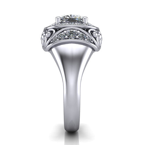 Cassidy cushion vintage halo engagement ring in 18K White Gold, side profile showing the ornate filigree scrollwork, plain polished band, and vintage halo in profile