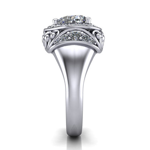 Cassidy heart vintage halo engagement ring in 18K White Gold, side profile showing the ornate filigree scrollwork, plain polished band, and vintage halo in profile