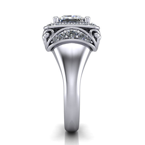 Cassidy princess vintage halo engagement ring in 14K White Gold, side profile showing the ornate filigree scrollwork, plain polished band, and vintage halo in profile