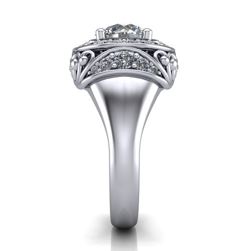 Cassidy round vintage halo engagement ring in Platinum, side profile showing the ornate filigree scrollwork, plain polished band, and vintage halo in profile