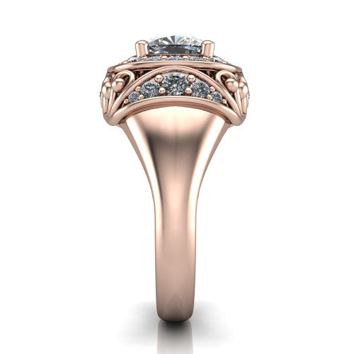 Cassidy cushion vintage halo engagement ring in 14K Rose Gold, side profile showing the ornate filigree scrollwork, plain polished band, and vintage halo in profile