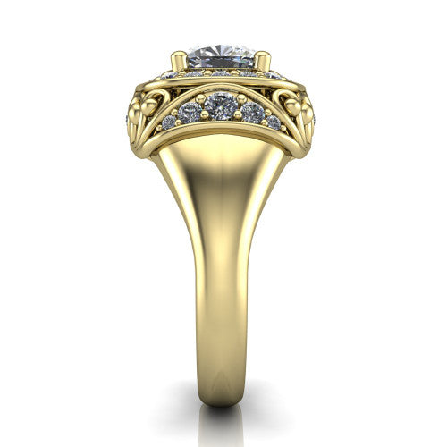 Cassidy cushion vintage halo engagement ring in 14K Yellow Gold, side profile showing the ornate filigree scrollwork, plain polished band, and vintage halo in profile