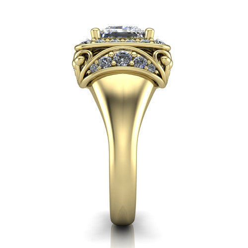 Cassidy princess vintage halo engagement ring in 14K Yellow Gold, side profile showing the ornate filigree scrollwork, plain polished band, and vintage halo in profile