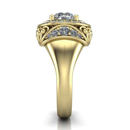 Cassidy round vintage halo engagement ring in 14K Yellow Gold, side profile showing the ornate filigree scrollwork, plain polished band, and vintage halo in profile
