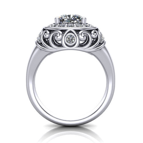 Cassidy cushion vintage halo engagement ring in 14K White Gold, through-finger front profile showing the filigree gallery and halo head raised above the plain band