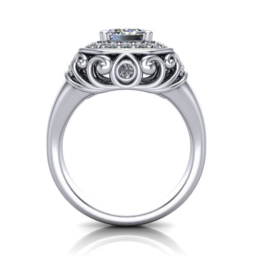Cassidy emerald vintage halo engagement ring in 18K White Gold, through-finger front profile showing the filigree gallery and halo head raised above the plain band