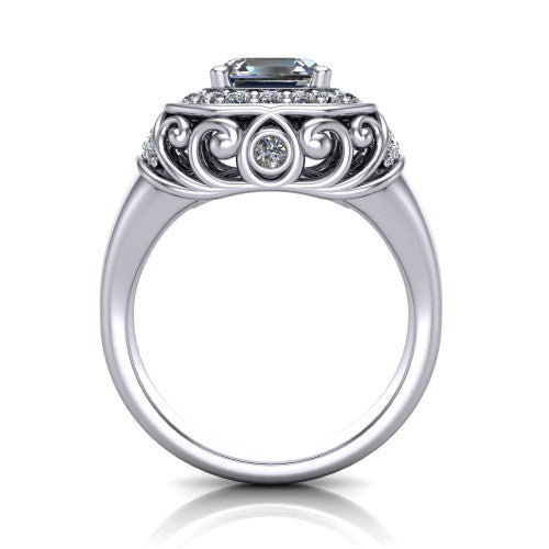 Cassidy square emerald vintage halo engagement ring in 18K White Gold, through-finger front profile showing the filigree gallery and halo head raised above the plain band