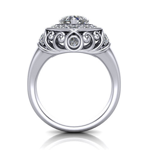 Cassidy heart vintage halo engagement ring in 18K White Gold, through-finger front profile showing the filigree gallery and halo head raised above the plain band